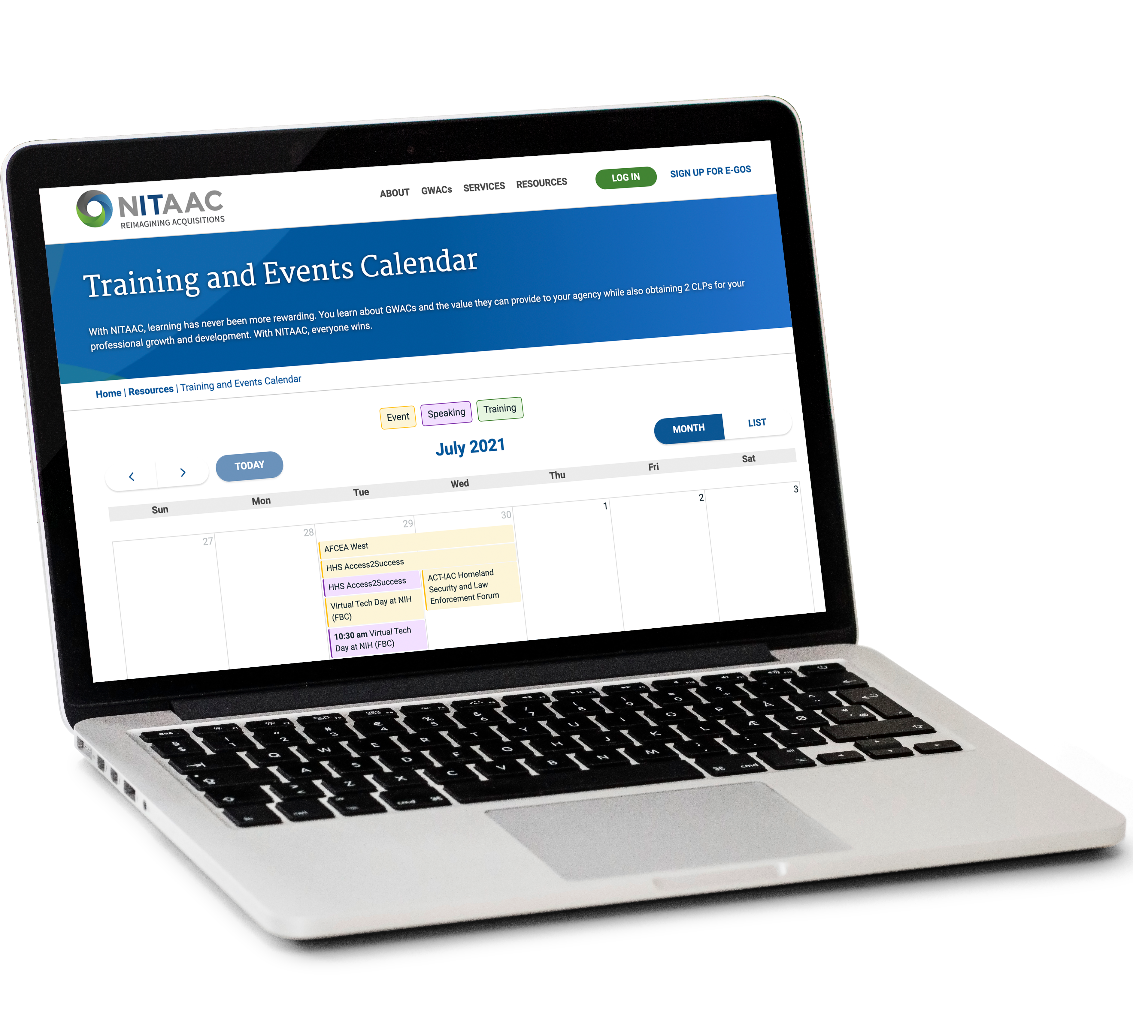 image of a laptop with the Training and Events Calendar on the screen