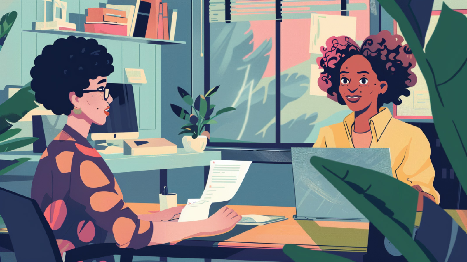 Two women are engaged in a discussion in an office with plants and books. One woman is smiling while working on a laptop while the other woman is holding a document and talking.